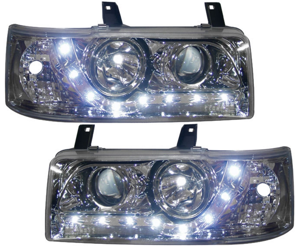 VW T4 SHORT NOSE CHROME DRL LED DEVIL EYE R8 DESIGN PROJECTOR FRONT
