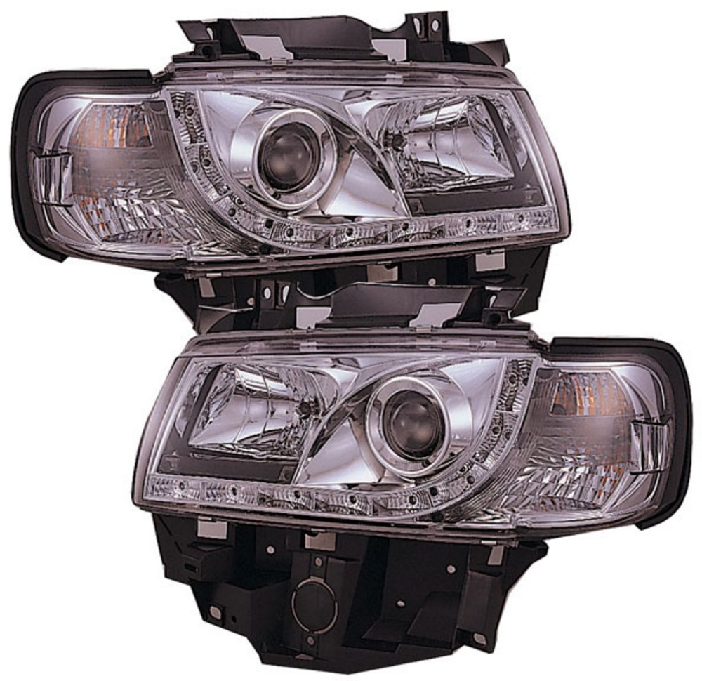 VW T4 LONG NOSE CHROME DRL LED DEVIL EYE R8 DESIGN PROJECTOR FRONT HEADLIGHTS